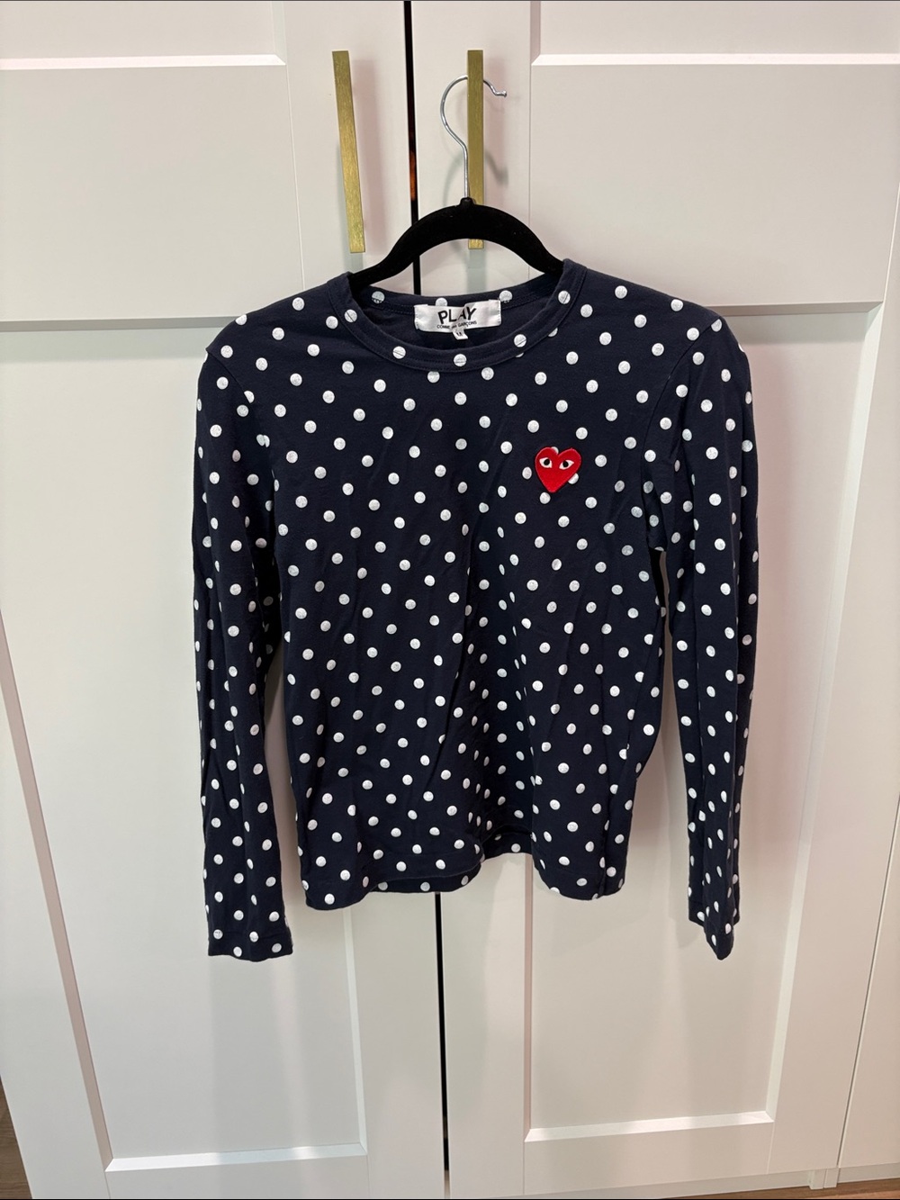 Comme des Garcons PLAY Navy Polka Dot Long-Sleeve Tee with Red Heart